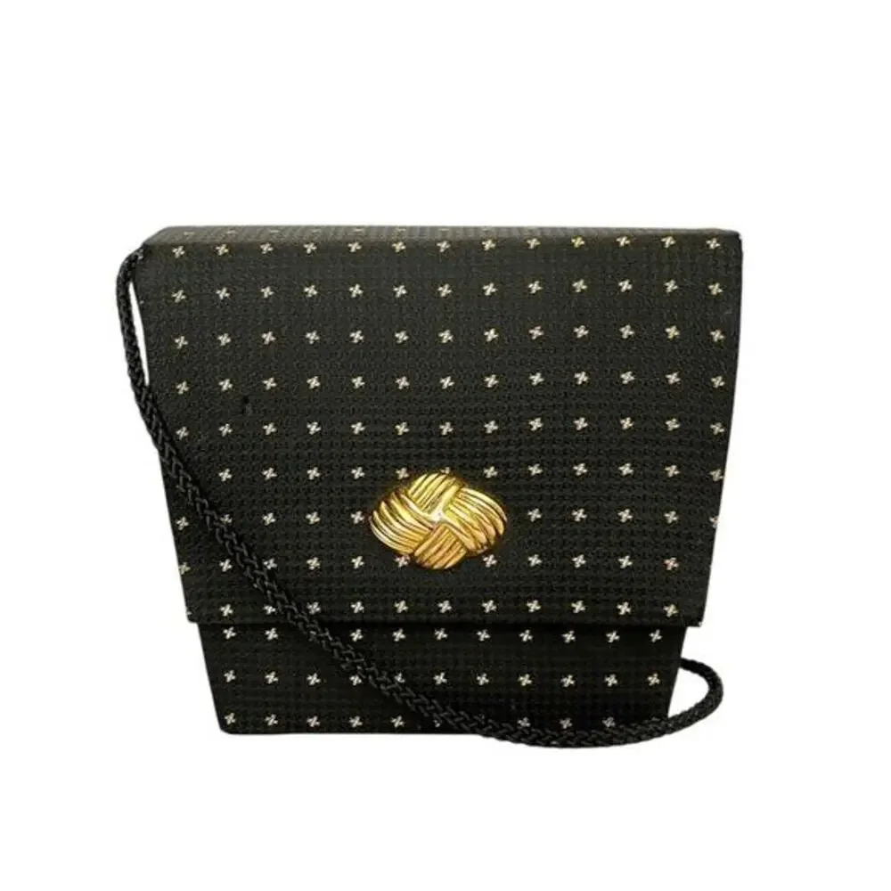 Vintage Whiting & Davis Black Jacquard Gold Dotted Box Convertible Evening Bag